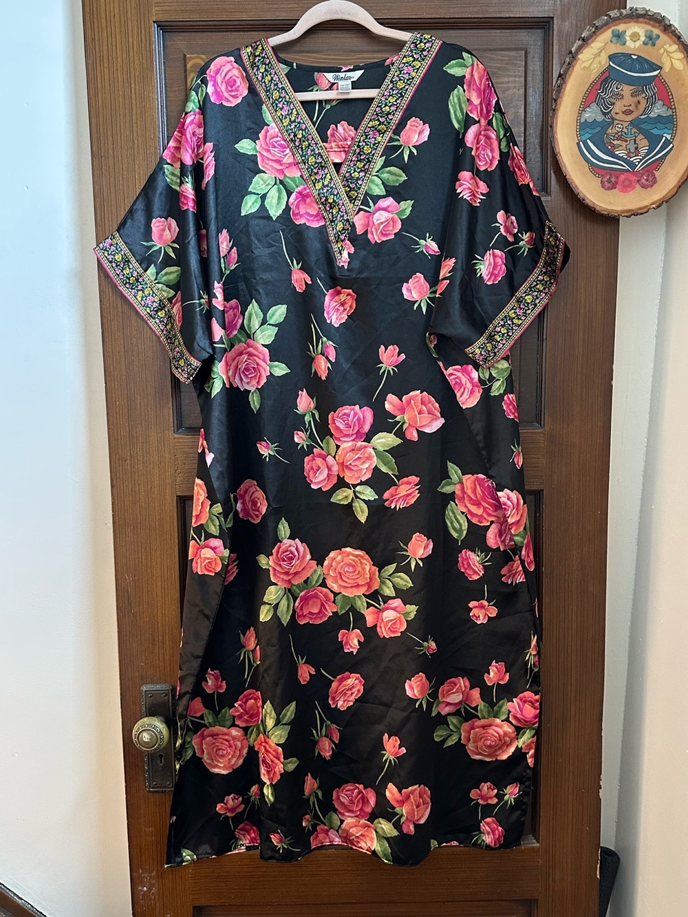 Vintage Winlar Black Rose Print Satin Kaftan Dress, One Size